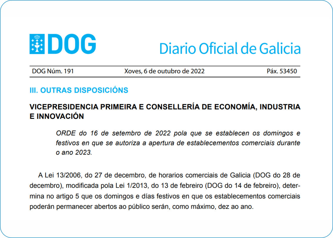 Festivos 2023 En Galicia Publicada la Orden que establece los domingos y festivos en los que se  autoriza la apertura de establecimientos comerciales en el 2023 | Oficina  Virtual do Autónomo